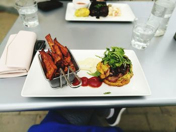 High angle view of food in tray on table