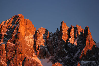 Italy, dolomities unesco heritage. scenic view of snowcapped  montains against clear sky. 