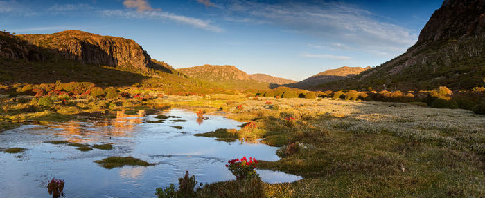 Mountain lake reflecting mountains in late afternoon light at walls of jerusalem national park