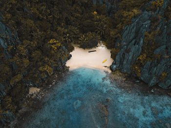 Aerial view of an isolated sandy beach surrounded by trees in palawan, philippines