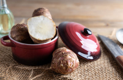 High angle view of fruits in container on table