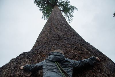 Low angle view of woman hugging large tree against sky