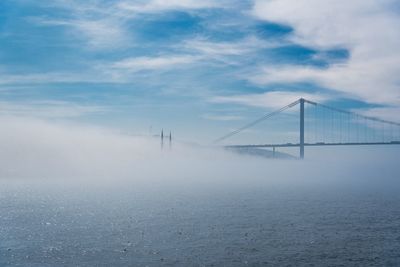 View of suspension bridge against cloudy sky