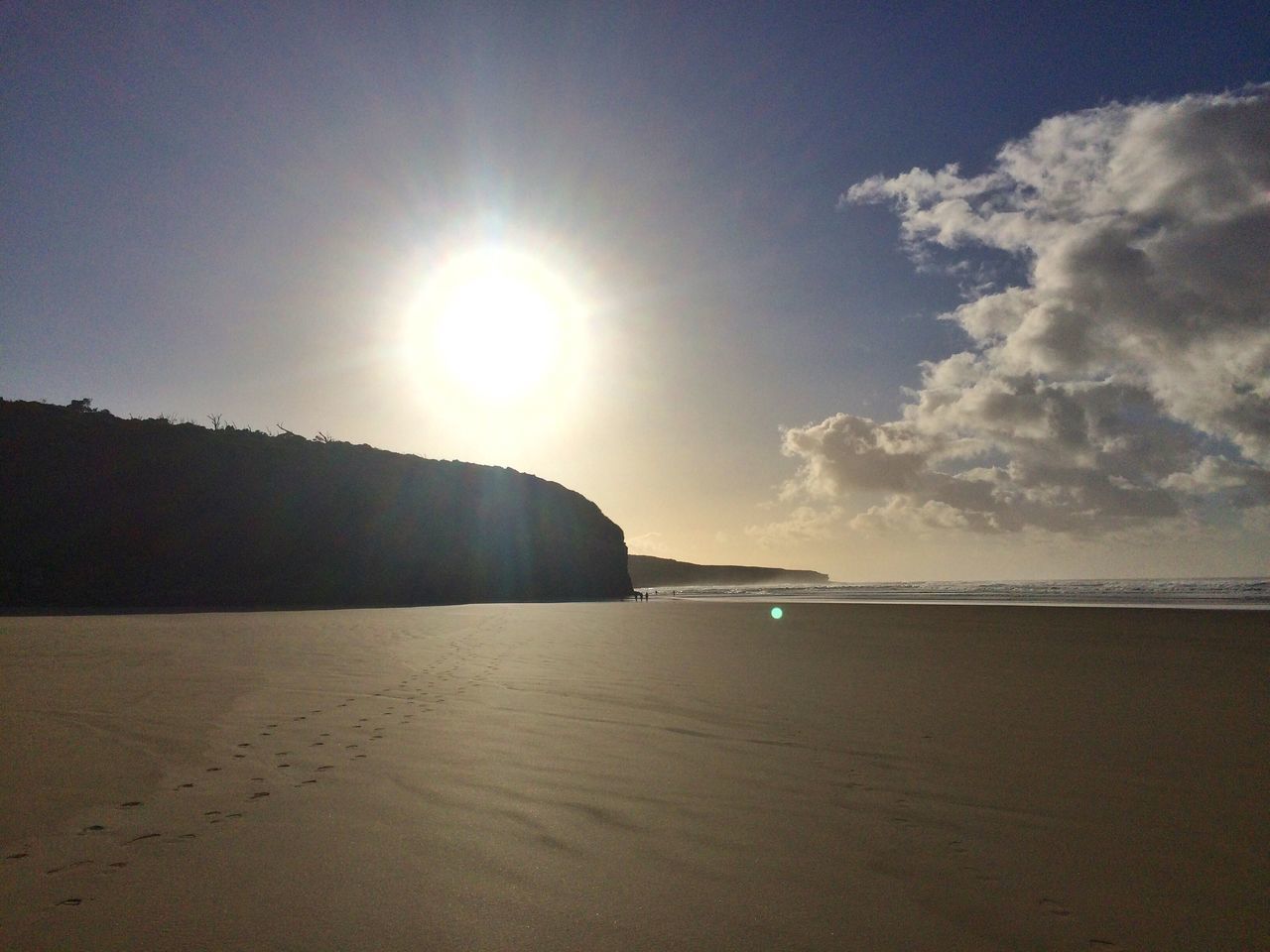 SCENIC VIEW OF BEACH AGAINST SKY AT SUNSET