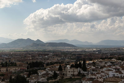 High angle shot of townscape against sky