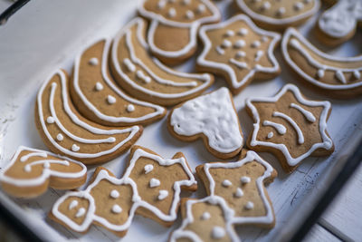 High angle view of cookies on table