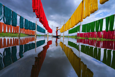 These inle handcrafted lotus fabrics are made using natural dyes at inle lake, myanmar