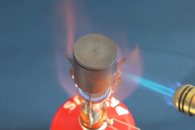 Close-up of metal container on camping stove