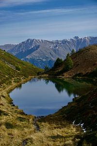 Scenic view of lake and mountains against sky
