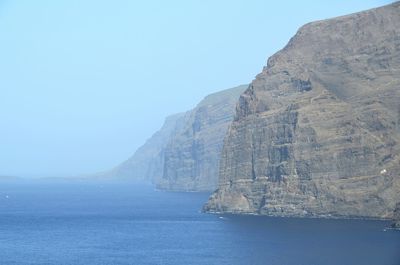 Scenic view of cliffs by sea at gigantes during foggy weather