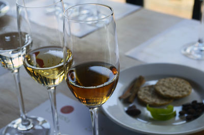 Close-up of wine in glass on table