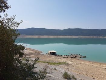 Scenic view of lake against clear sky