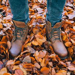 Low section of man standing on autumn leaves