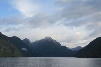 Scenic view of lake by mountains against sky