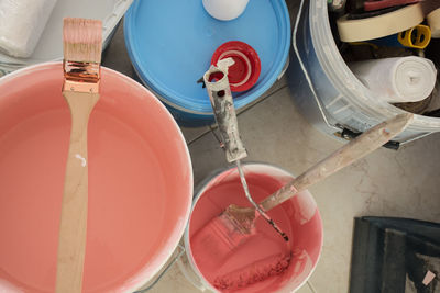 High angle view of various hanging in container