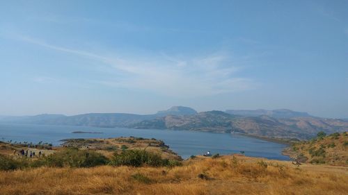 Scenic view of landscape and lake against sky
