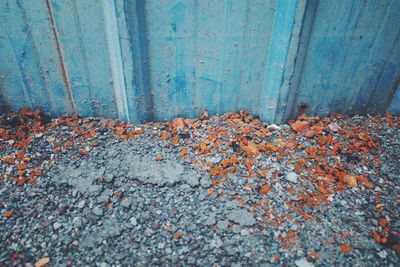 High angle view of rusty metal on wall
