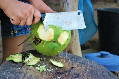 Midsection of man holding fruit on table