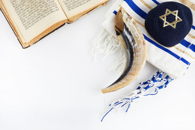 High angle view of open book on table