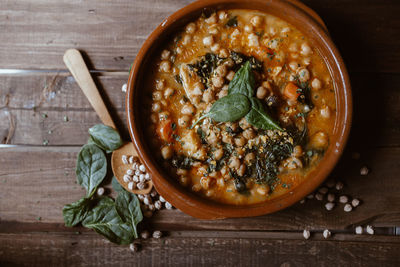 Vegan food north spain food. chickpeas with chard. potaje is a typical spanish dish.