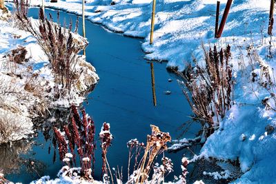 High angle view of frozen lake during winter