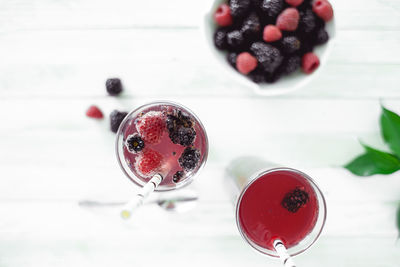 Directly above shot of strawberries in glass on table