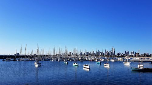 Sailboats moored in harbor against clear blue sky