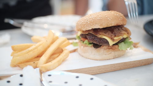 Close-up of burger on table