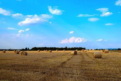 Hay bales on field against sky