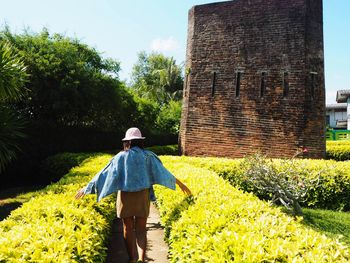 Rear view of person with umbrella on field