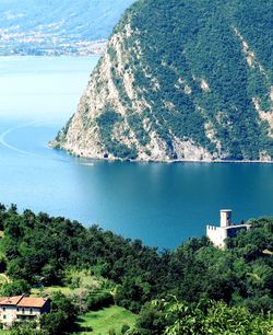 High angle view of bay against clear sky