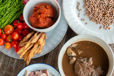 High angle view of breakfast in plate on table