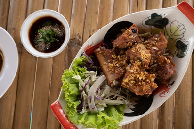 High angle view of food served on table