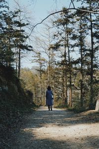 Rear view of woman walking on road amidst trees