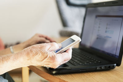 Cropped image of senior woman's hand using laptop and phone at home