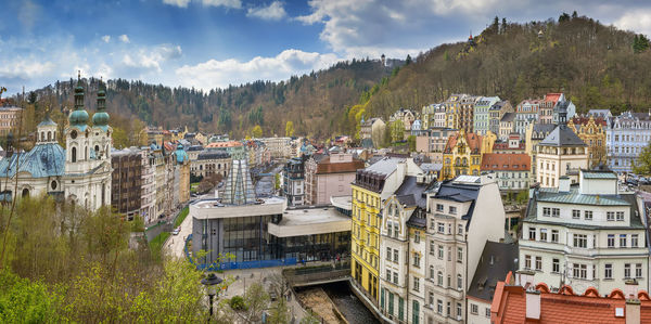 Panoramic view of historical center of karlovy vary from hill, czech republic