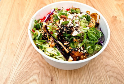 High angle view of salad in bowl on table