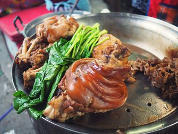 High angle view of meat in plate on table