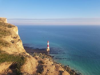 Lighthouse by sea against sky