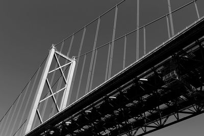 Low angle view of suspension bridge against sky