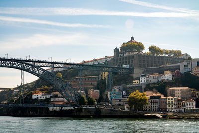 View of bridge over river against cloudy sky