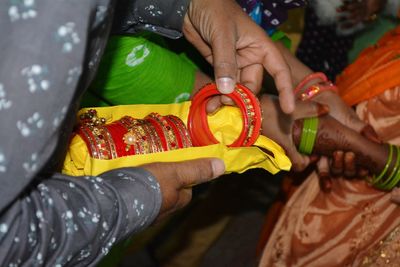 High angle view of woman hand