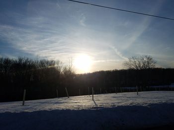 Snow covered trees against sky during sunset