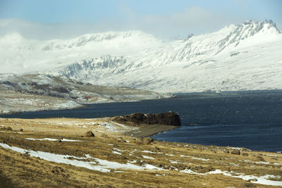 East fiords in iceland with snowy volcanoes in background