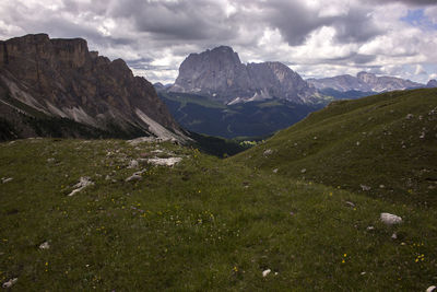 Scenic view of mountains against cloudy sky