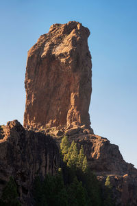 Low angle view of rock formation against clear blue sky