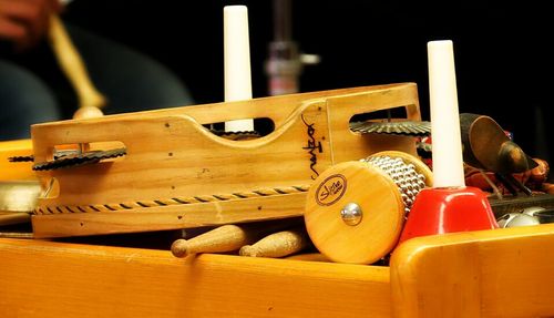 Close-up of objects on wooden table