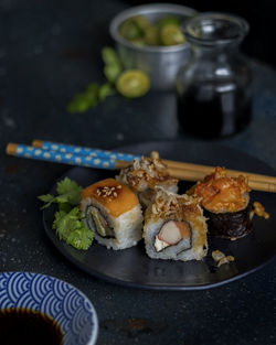 Close-up of sushi in plate on table