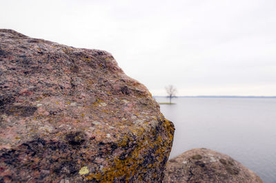 Close-up of rock on sea against sky