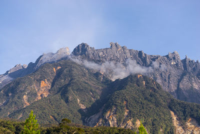 Low angle view of rocky mountain against clear blue sky